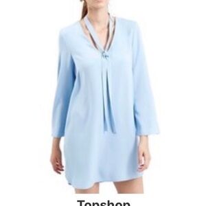 Topshop Sky Blue Long-Sleeve Mini Dress with Tie Neck